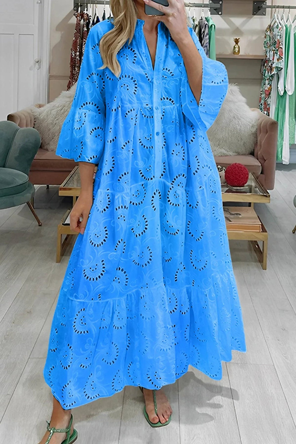 Openwork Long Dress with V-Neckline for Women