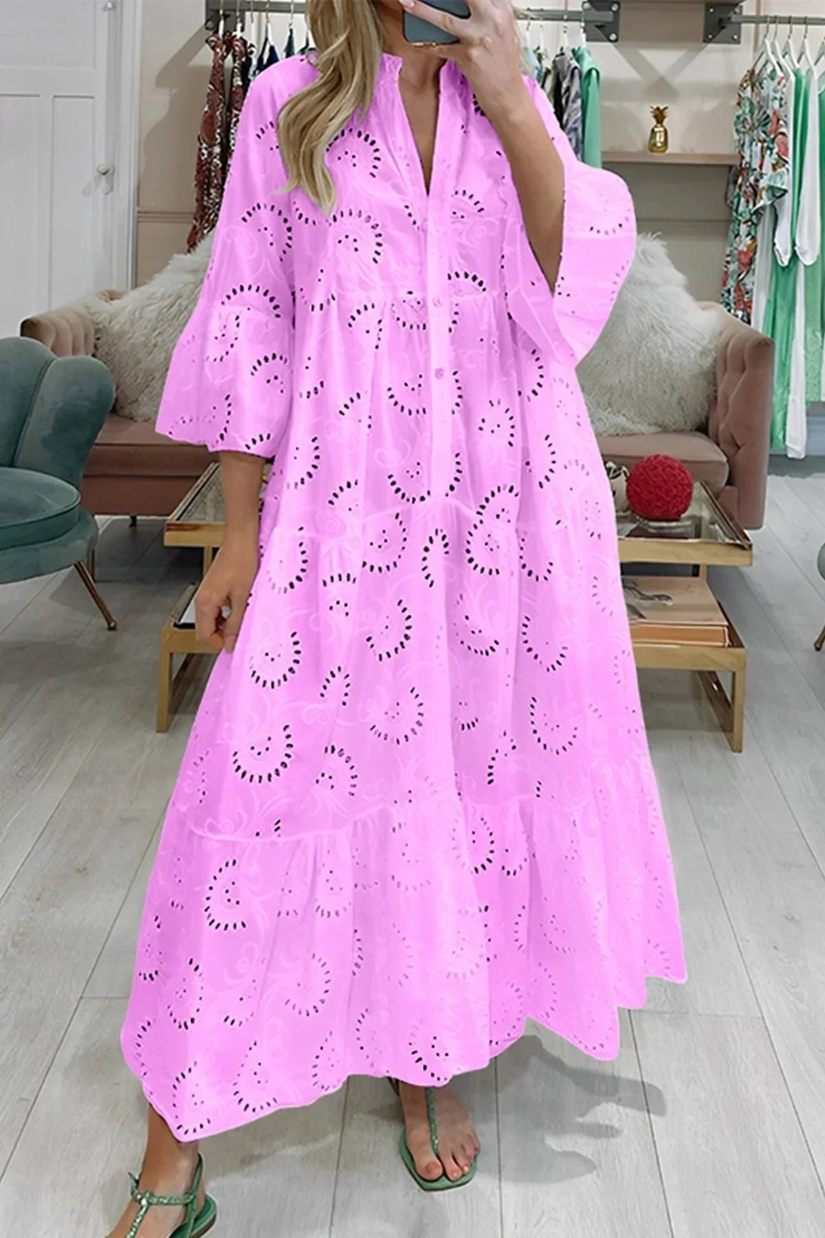 Openwork Long Dress with V-Neckline for Women
