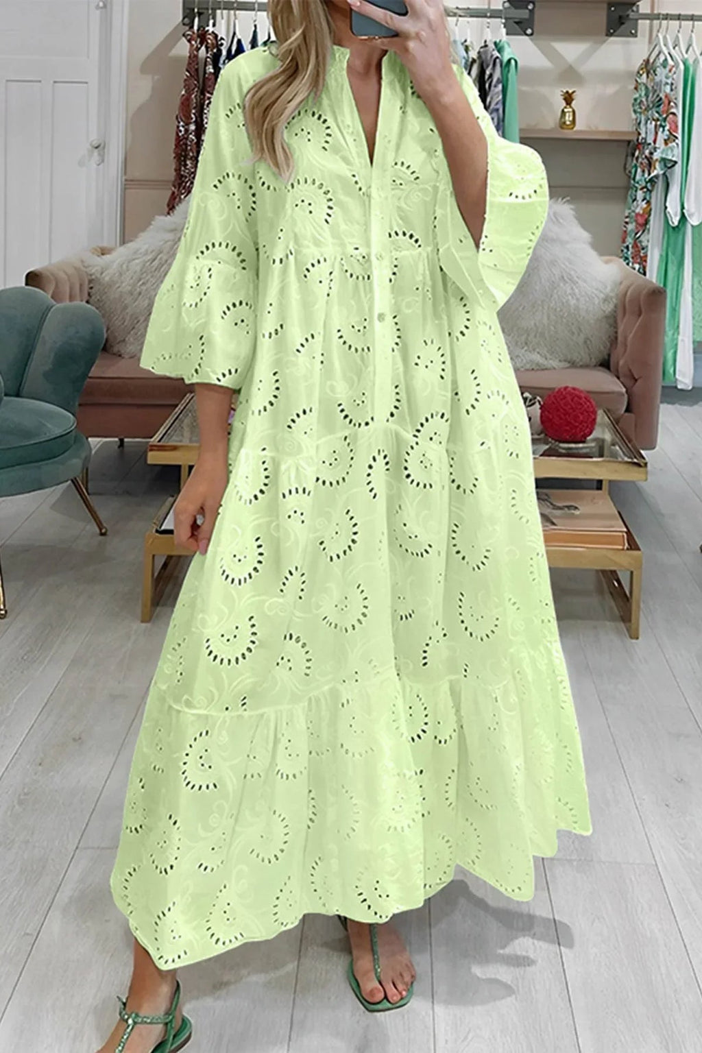 Openwork Long Dress with V-Neckline for Women