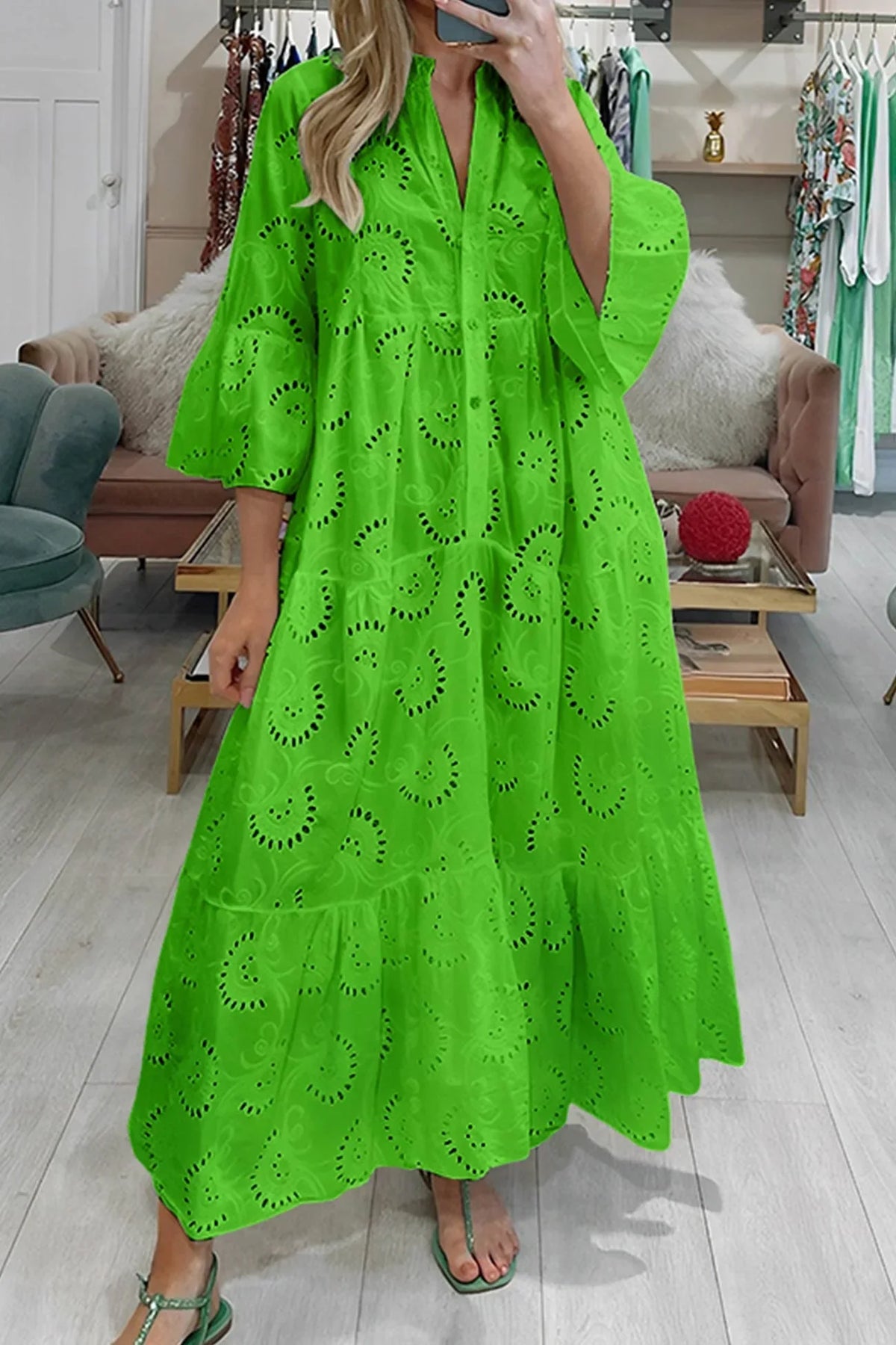 Openwork Long Dress with V-Neckline for Women