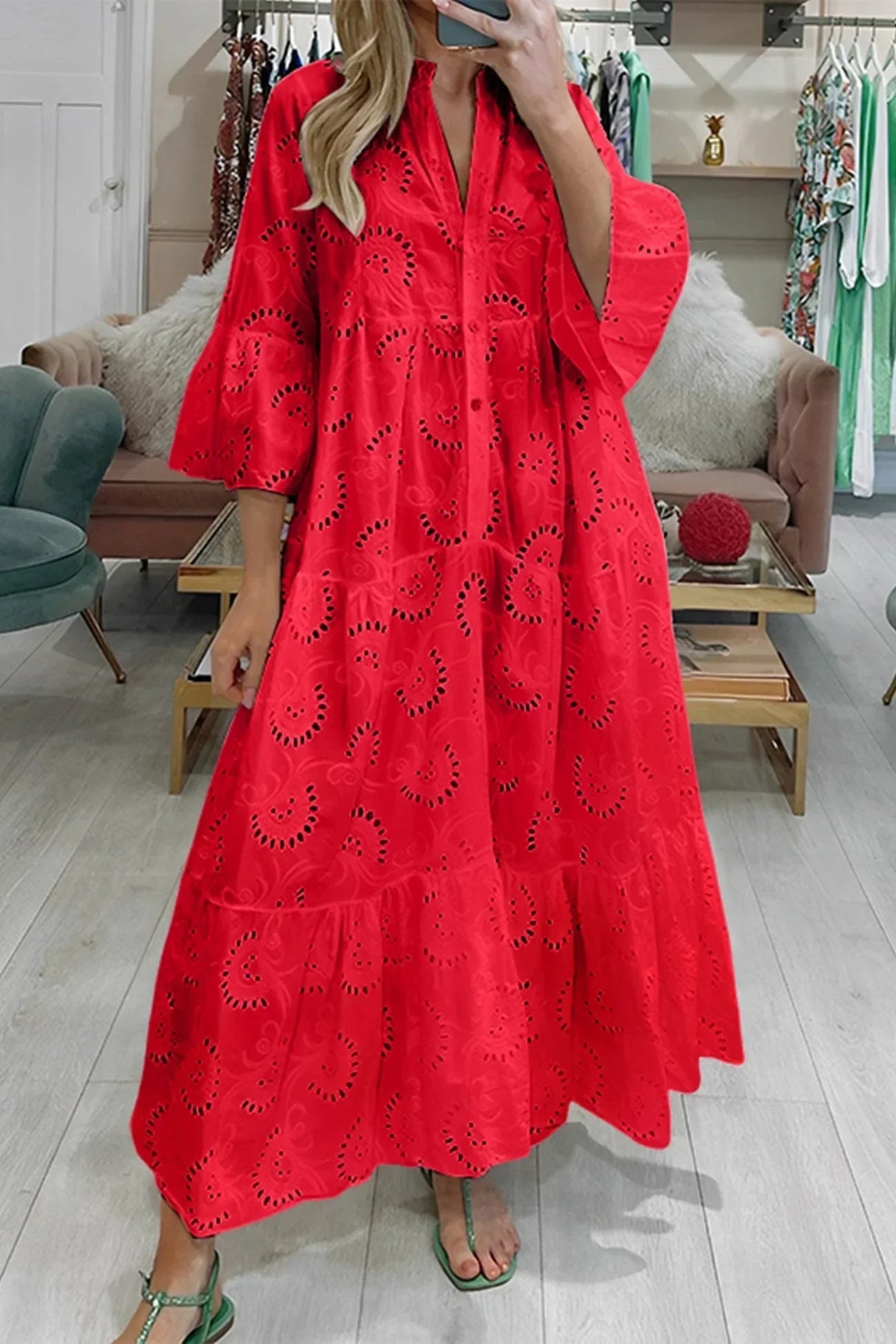 Openwork Long Dress with V-Neckline for Women