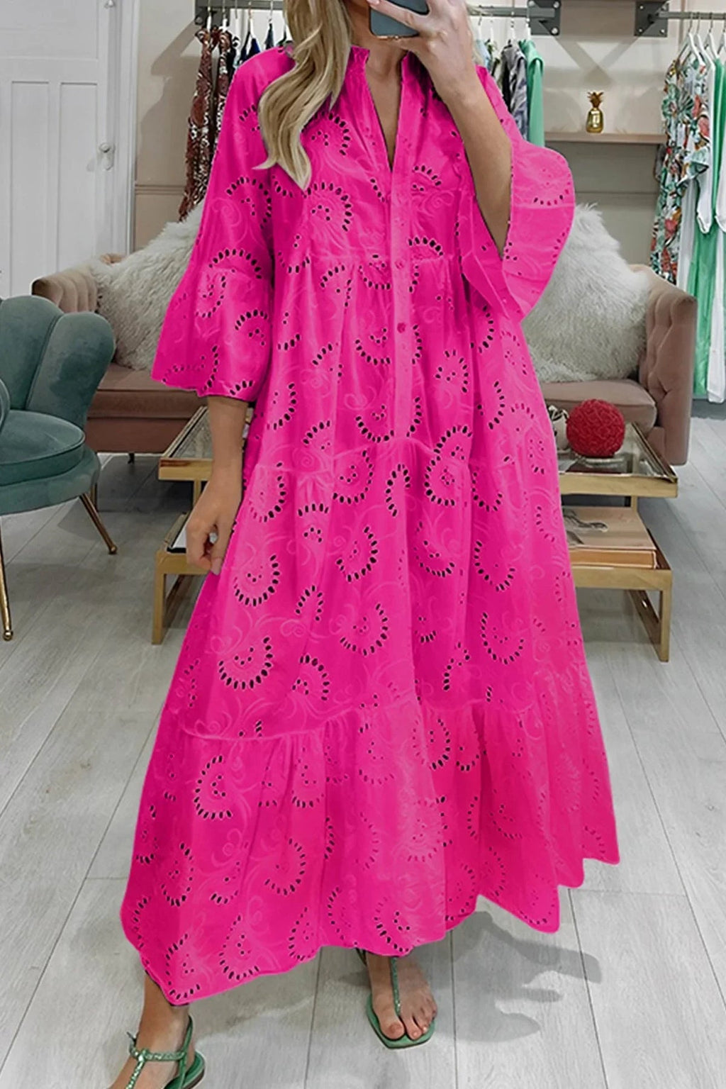 Openwork Long Dress with V-Neckline for Women