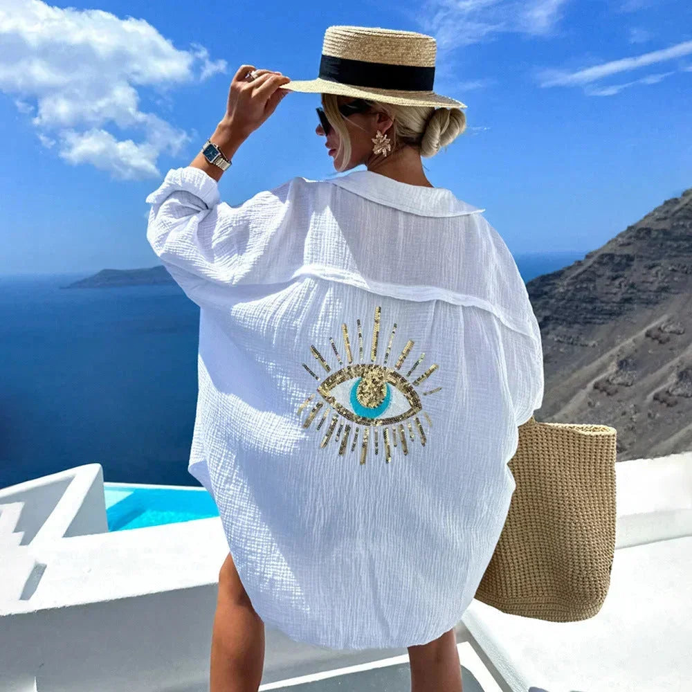 Oversized Blouse with Eye Motif Back for Women