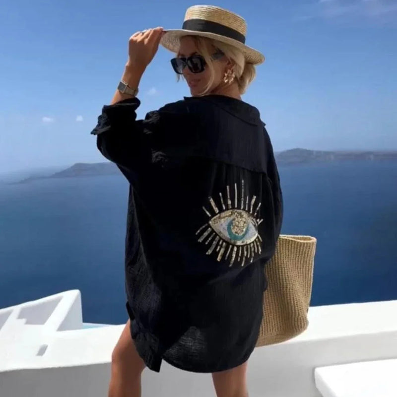 Oversized Blouse with Eye Motif Back for Women