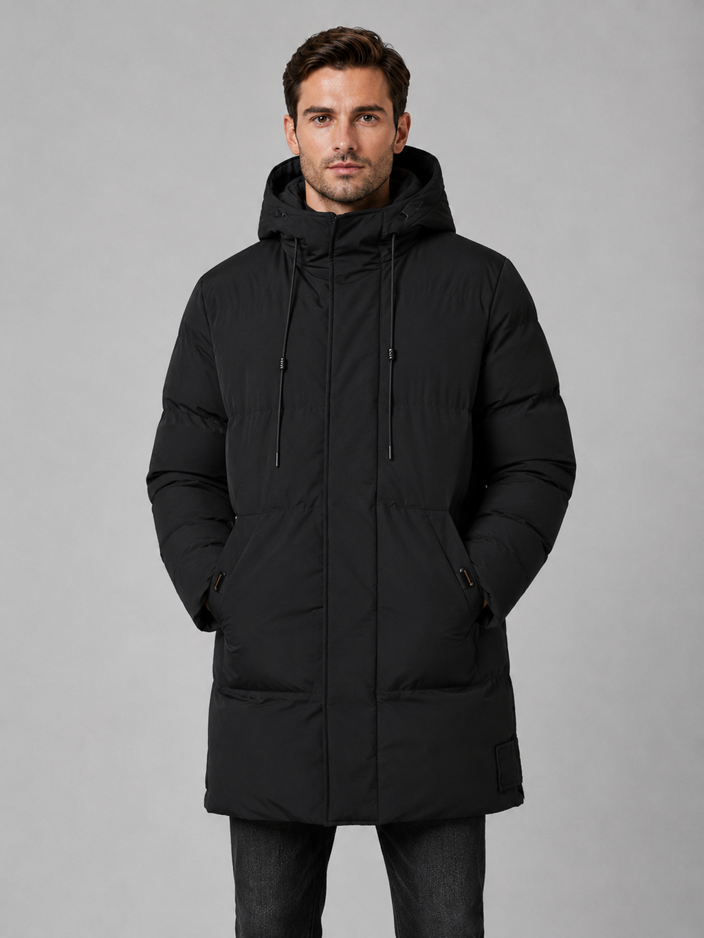 Padded Parka Coat with Drawcord Hood and Pockets for Men