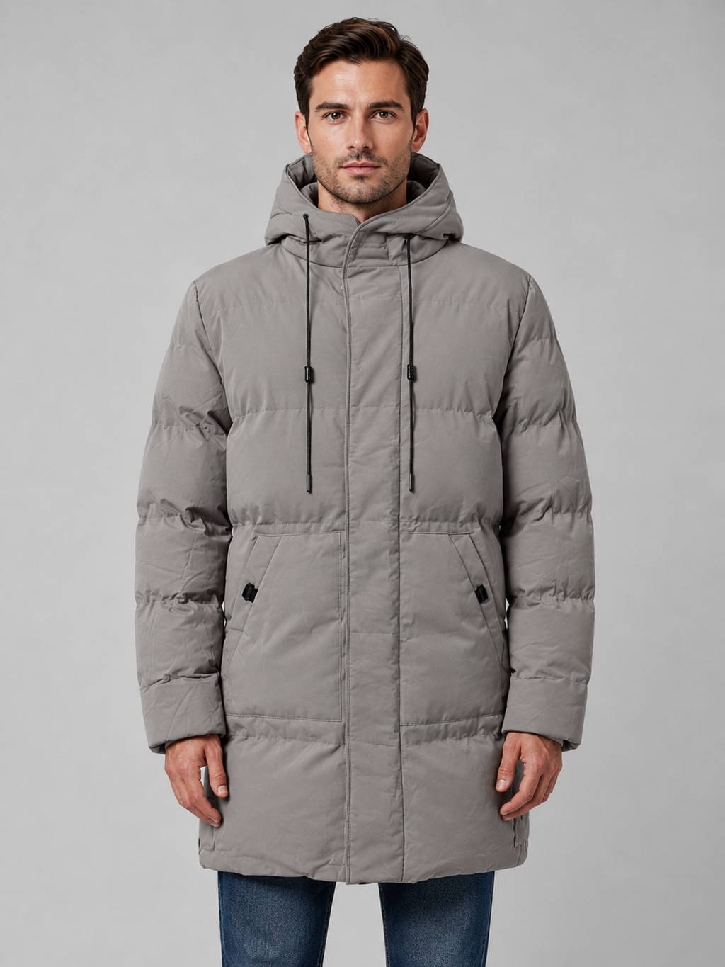 Padded Parka Coat with Drawcord Hood and Pockets for Men