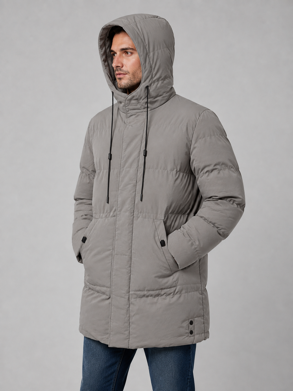 Padded Parka Coat with Drawcord Hood and Pockets for Men