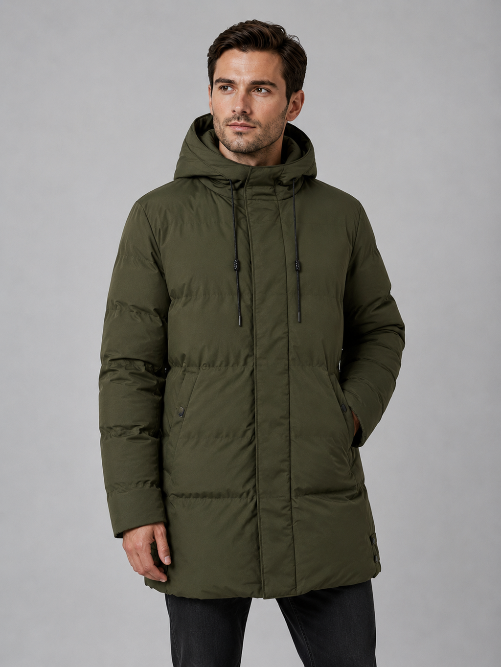 Padded Parka Coat with Drawcord Hood and Pockets for Men