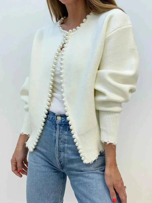 Pearl-Style Trim Cardigan with Ribbed Cuffs for Women
