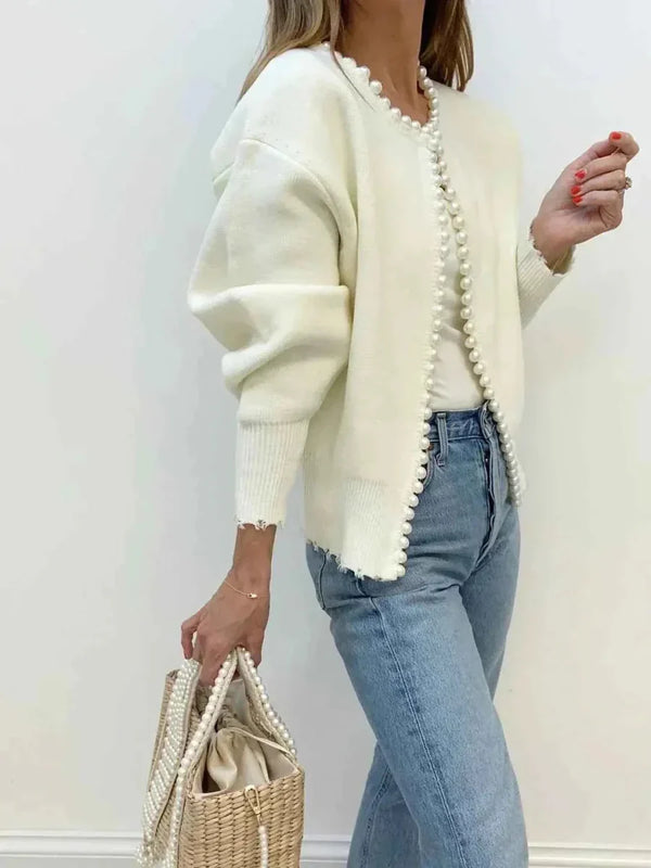 Pearl-Style Trim Cardigan with Ribbed Cuffs for Women