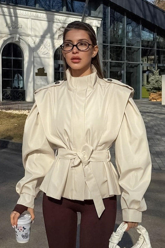Peplum Jacket with Belt and Gathered Shoulders for Women