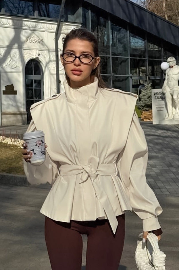 Peplum Jacket with Belt and Gathered Shoulders for Women