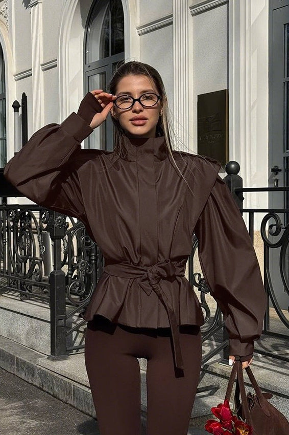 Peplum Jacket with Belt and Gathered Shoulders for Women