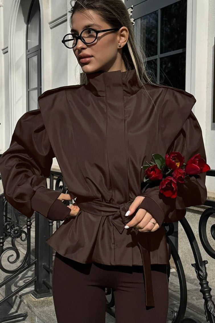 Peplum Jacket with Belt and Gathered Shoulders for Women