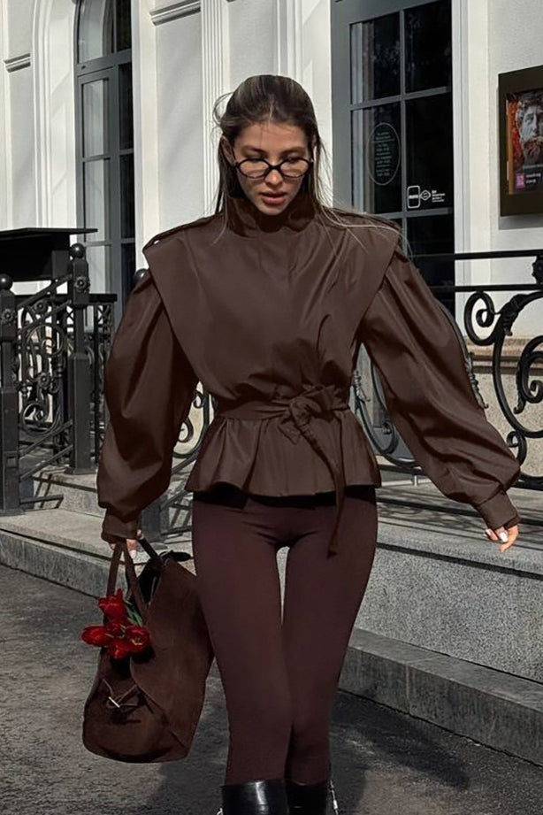 Peplum Jacket with Belt and Gathered Shoulders for Women