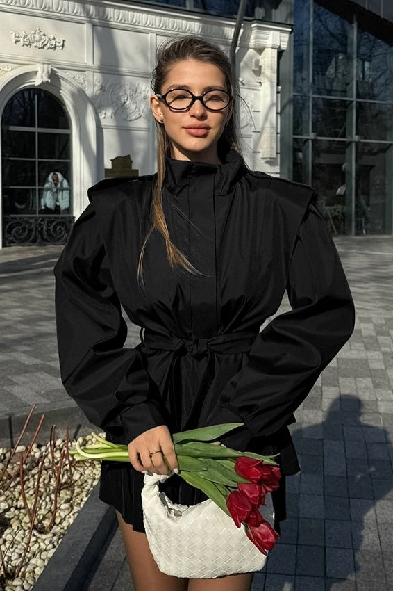 Peplum Jacket with Belt and Gathered Shoulders for Women