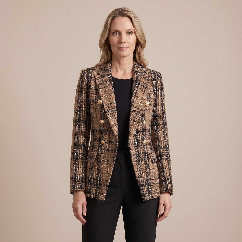 Plaid Blazer with Notched Lapels for Women