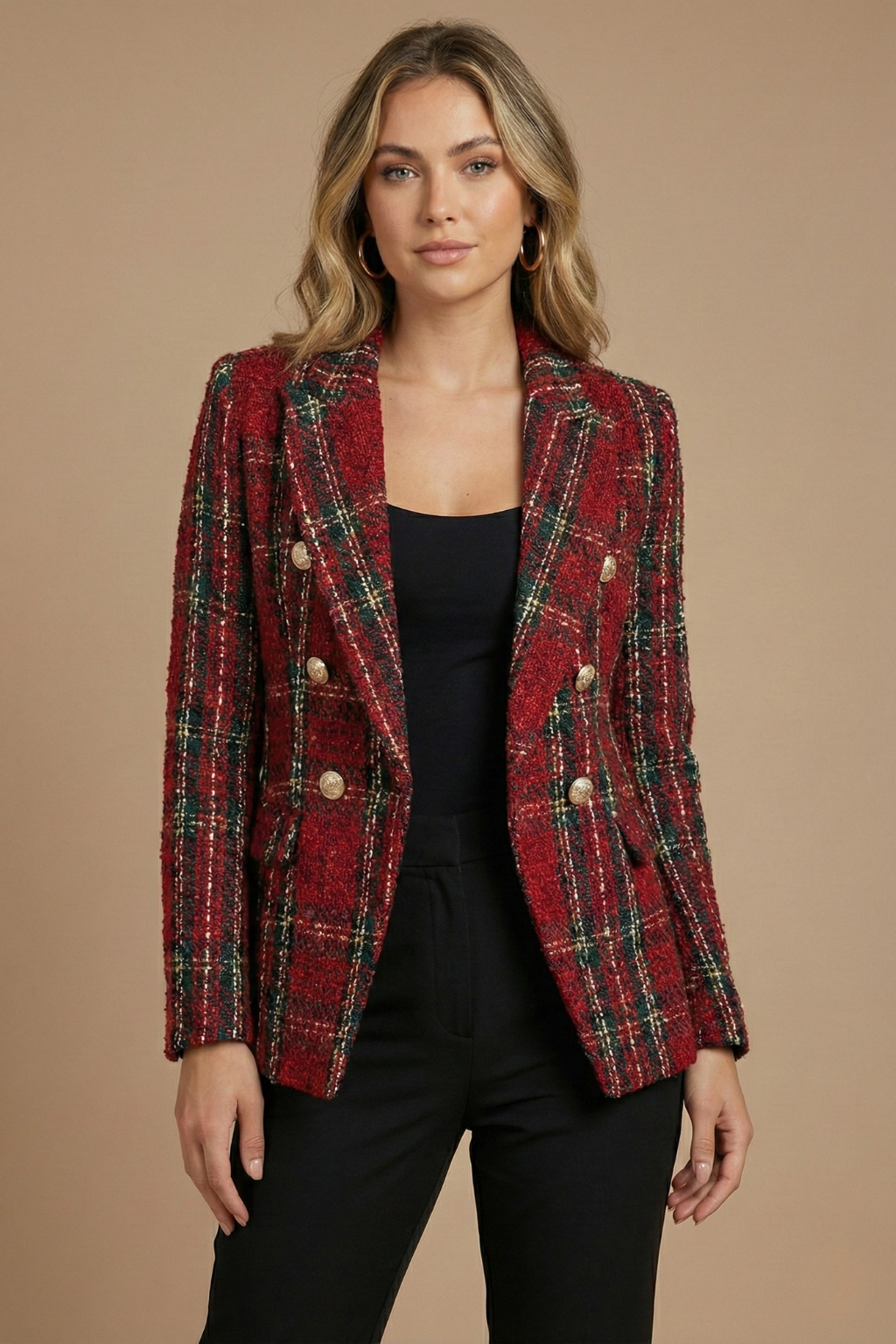 Plaid Blazer with Notched Lapels for Women