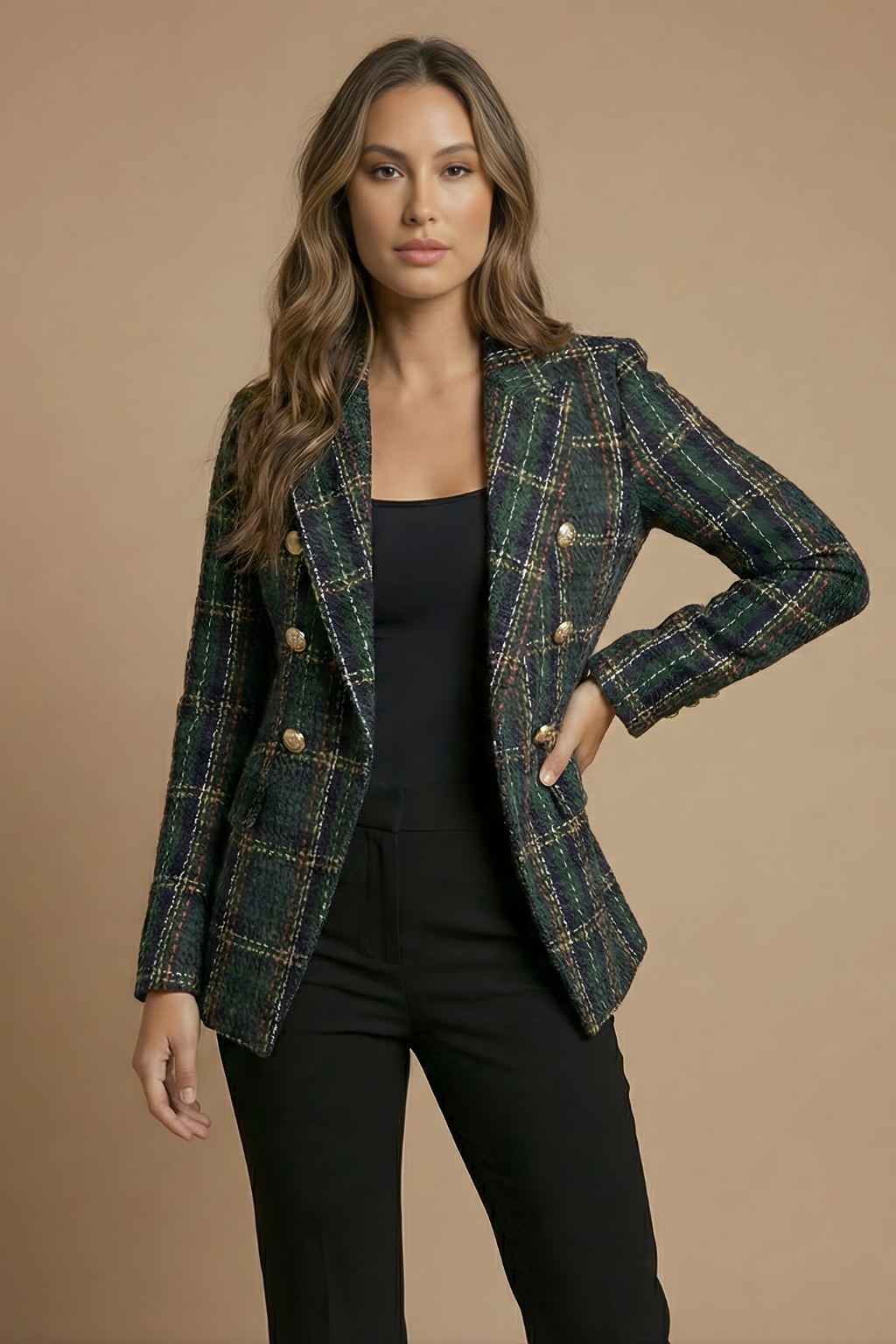 Plaid Blazer with Notched Lapels for Women