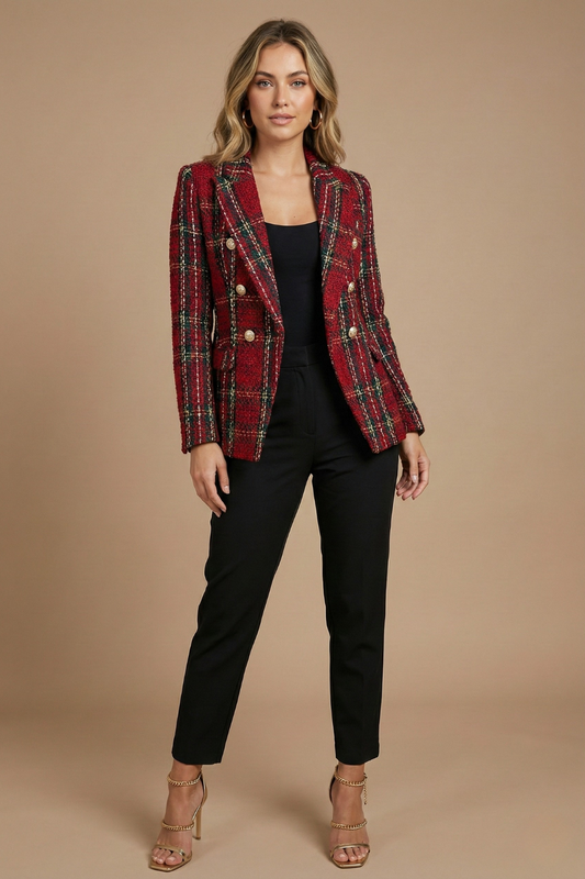 Plaid Blazer with Notched Lapels for Women