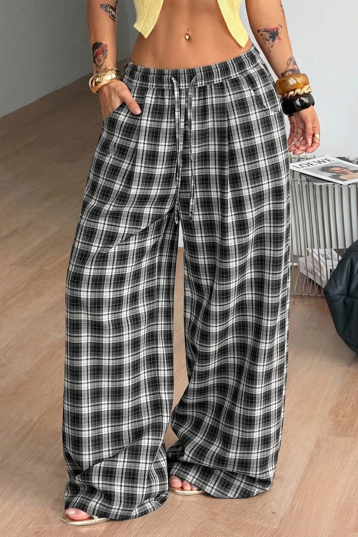 Plaid Wide Leg Trousers with Drawstring Waist for Women