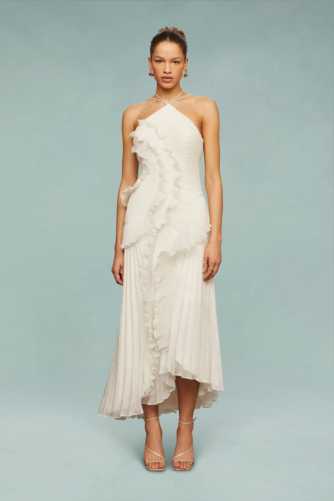 Pleated Halter-Neck Maxi Dress with Cascading Ruffle Trim for Women