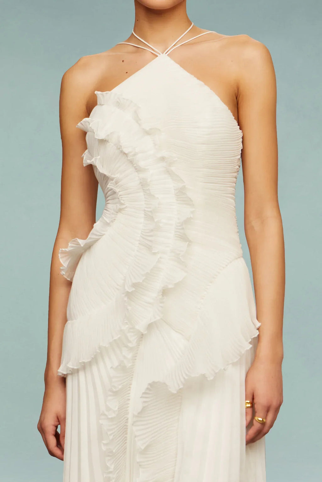 Pleated Halter-Neck Maxi Dress with Cascading Ruffle Trim for Women