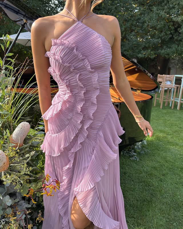 Pleated Halter-Neck Maxi Dress with Cascading Ruffle Trim for Women
