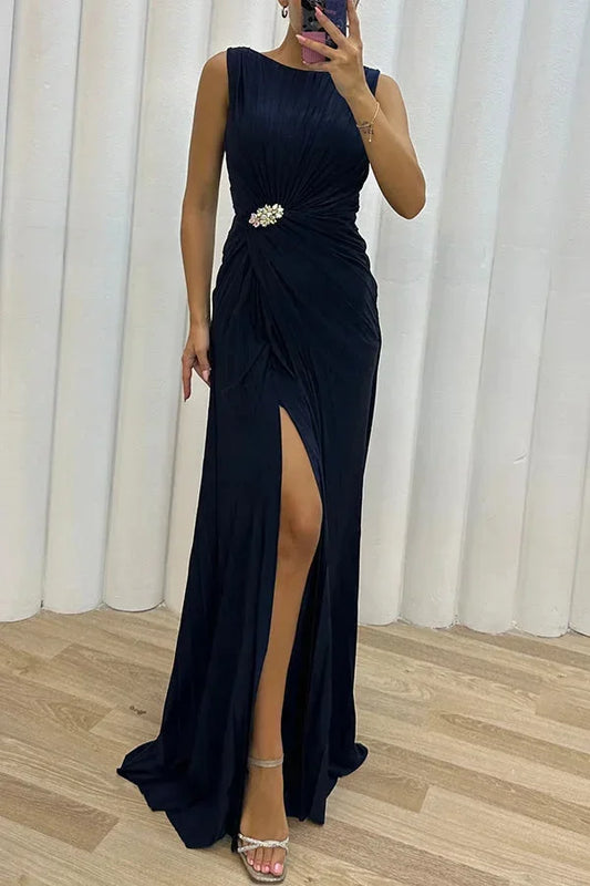 Pleated Maxi Evening Dress with Brooch Detail at Waist for Women