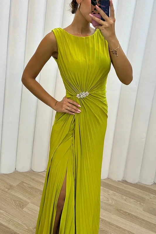 Pleated Maxi Evening Dress with Brooch Detail at Waist for Women