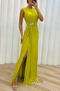 Pleated Maxi Evening Dress with Brooch Detail at Waist for Women