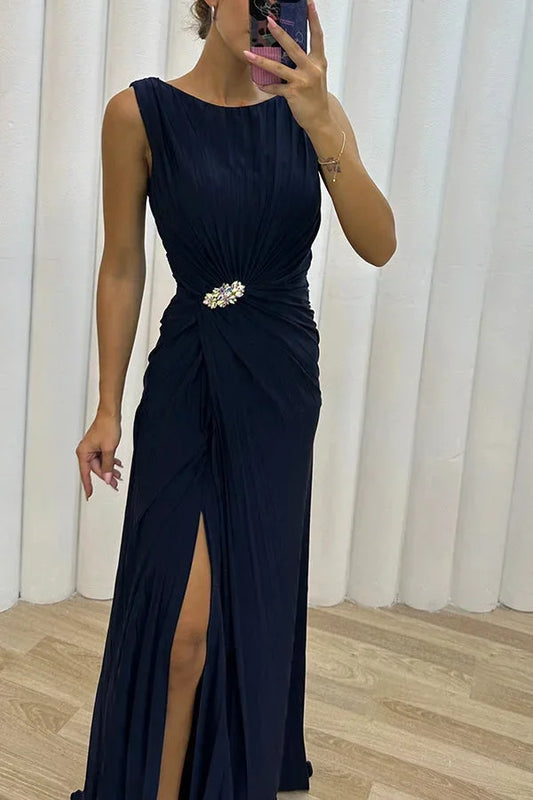 Pleated Maxi Evening Dress with Brooch Detail at Waist for Women