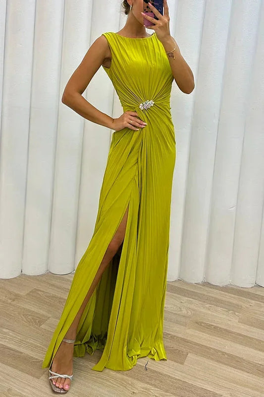 Pleated Maxi Evening Dress with Brooch Detail at Waist for Women