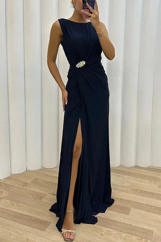 Pleated Maxi Evening Dress with Brooch Detail at Waist for Women