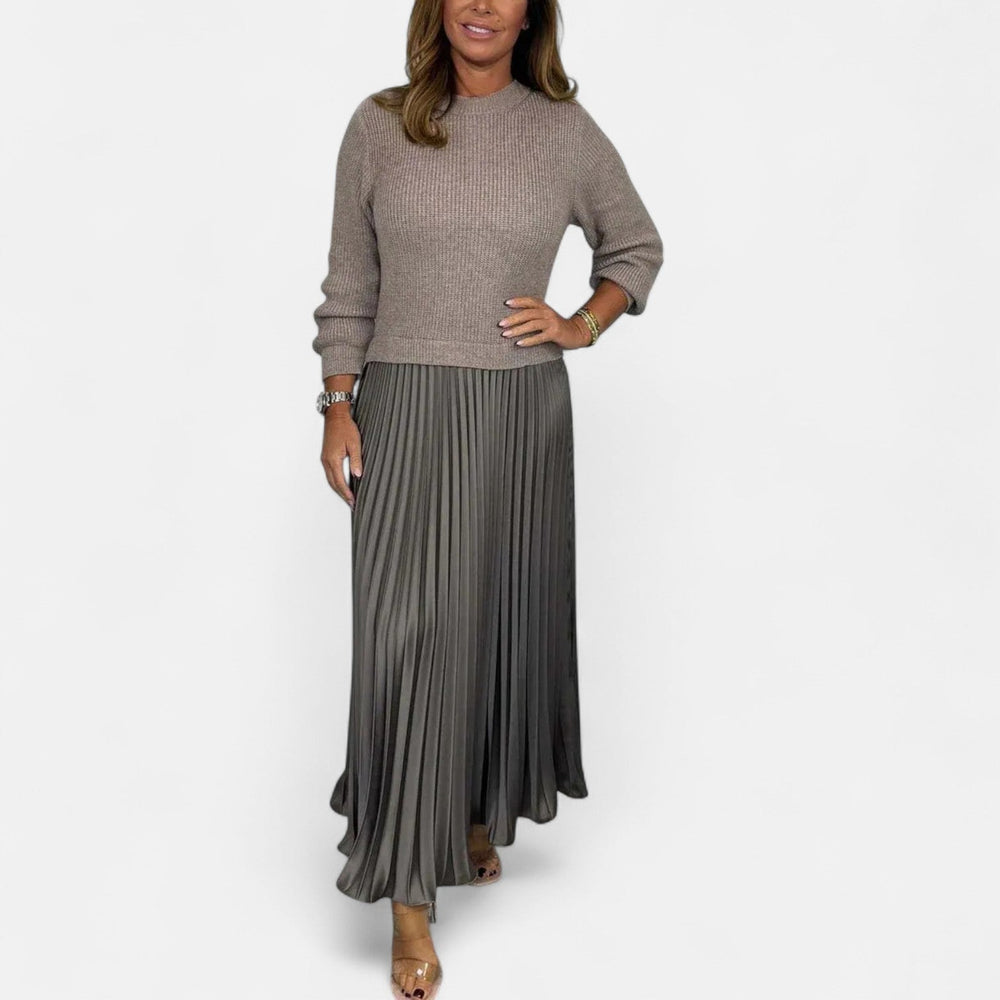 Pleated Maxi Sweater Dress with Long Sleeves for Women