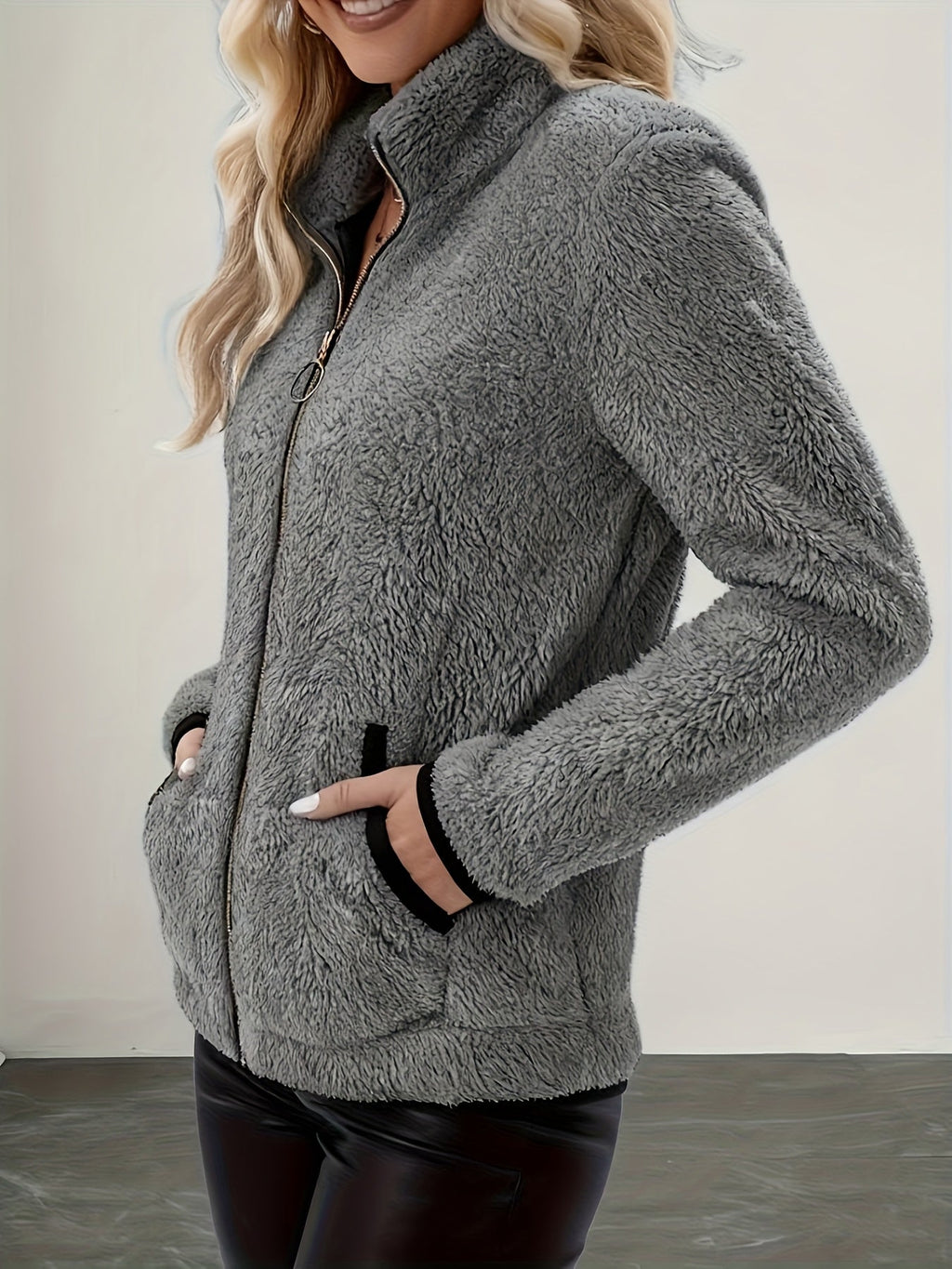 Plush Jacket with Stand Collar and Contrast Trim for Womens