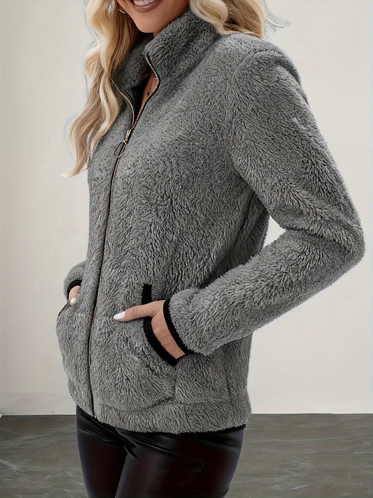 Plush Jacket with Stand Collar and Contrast Trim for Womens