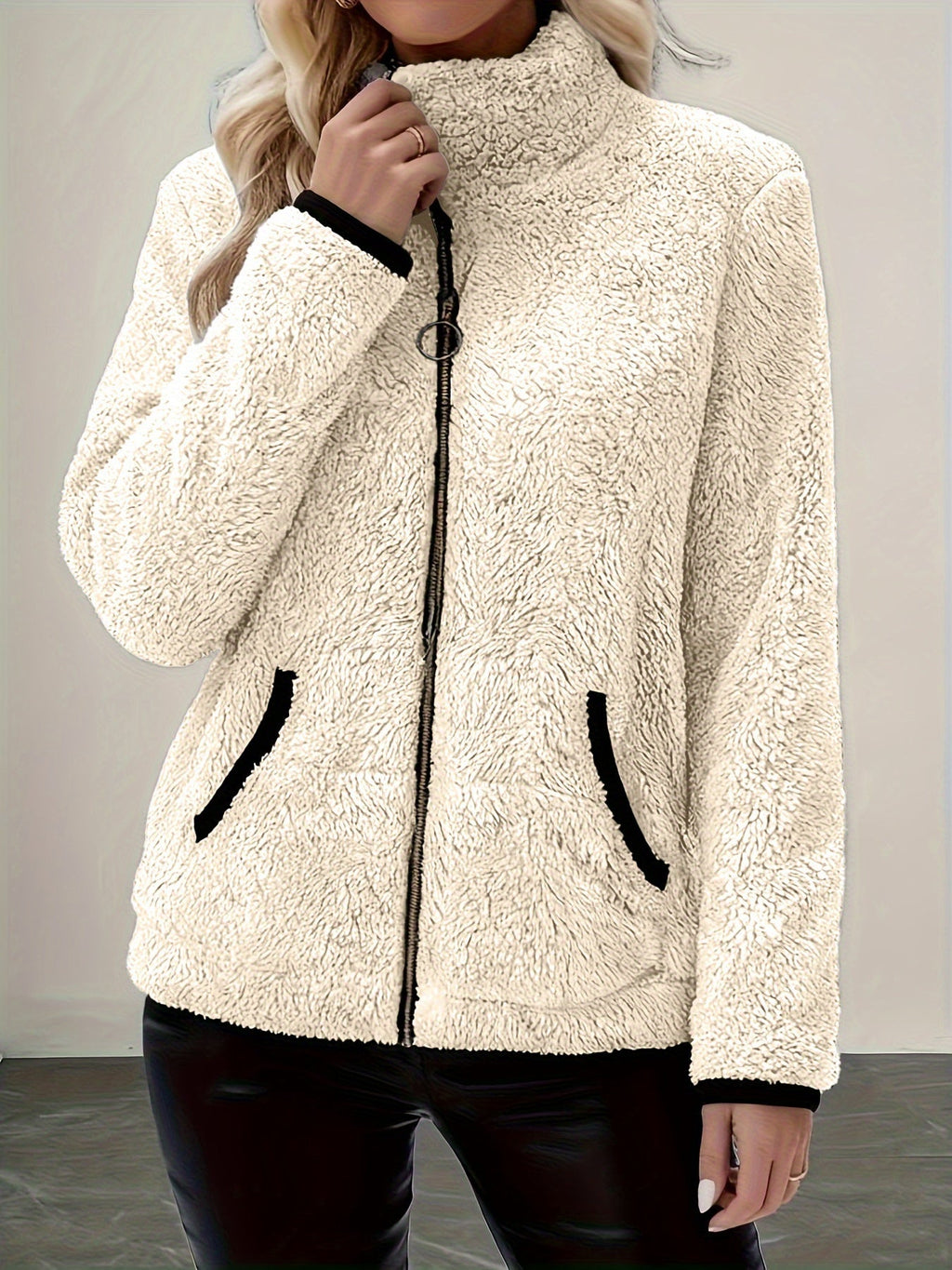 Plush Jacket with Stand Collar and Contrast Trim for Womens