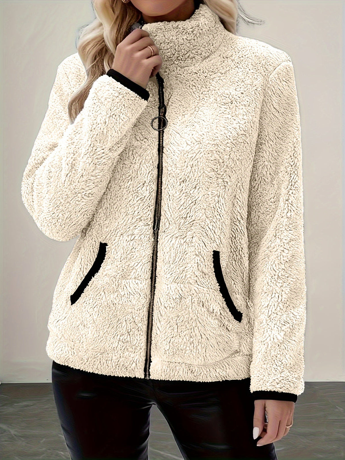 Plush Jacket with Stand Collar and Contrast Trim for Womens