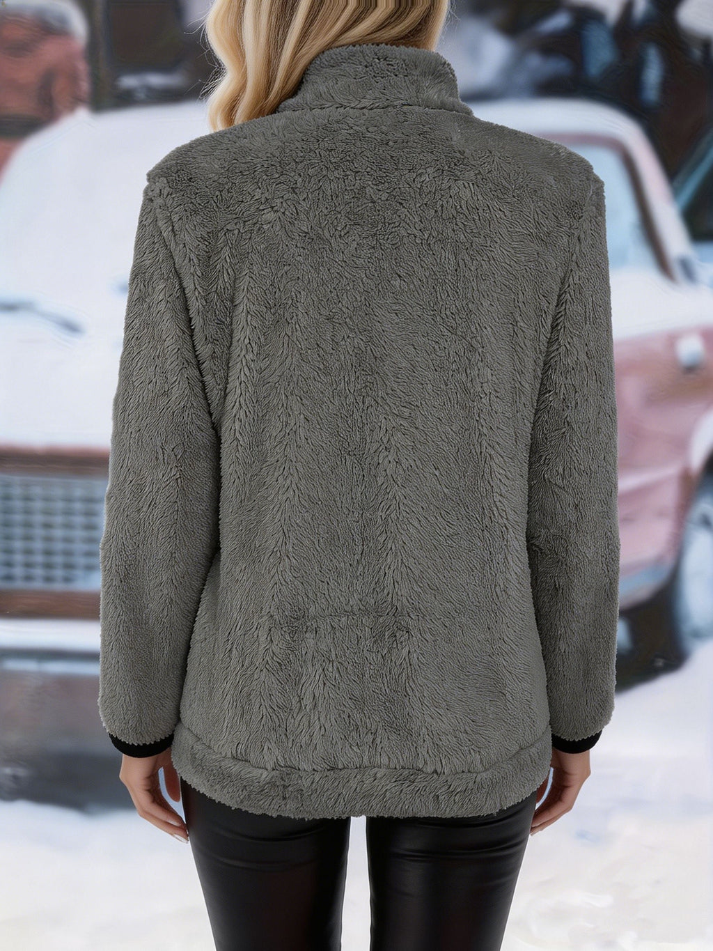 Plush Jacket with Stand Collar and Contrast Trim for Womens