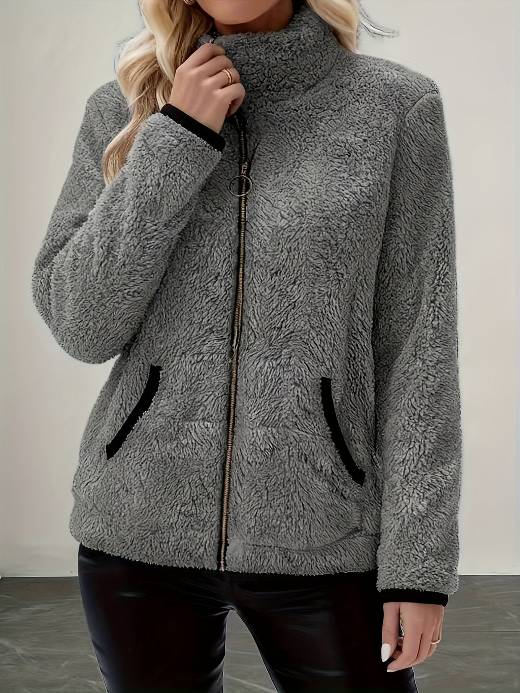Plush Jacket with Stand Collar and Contrast Trim for Womens