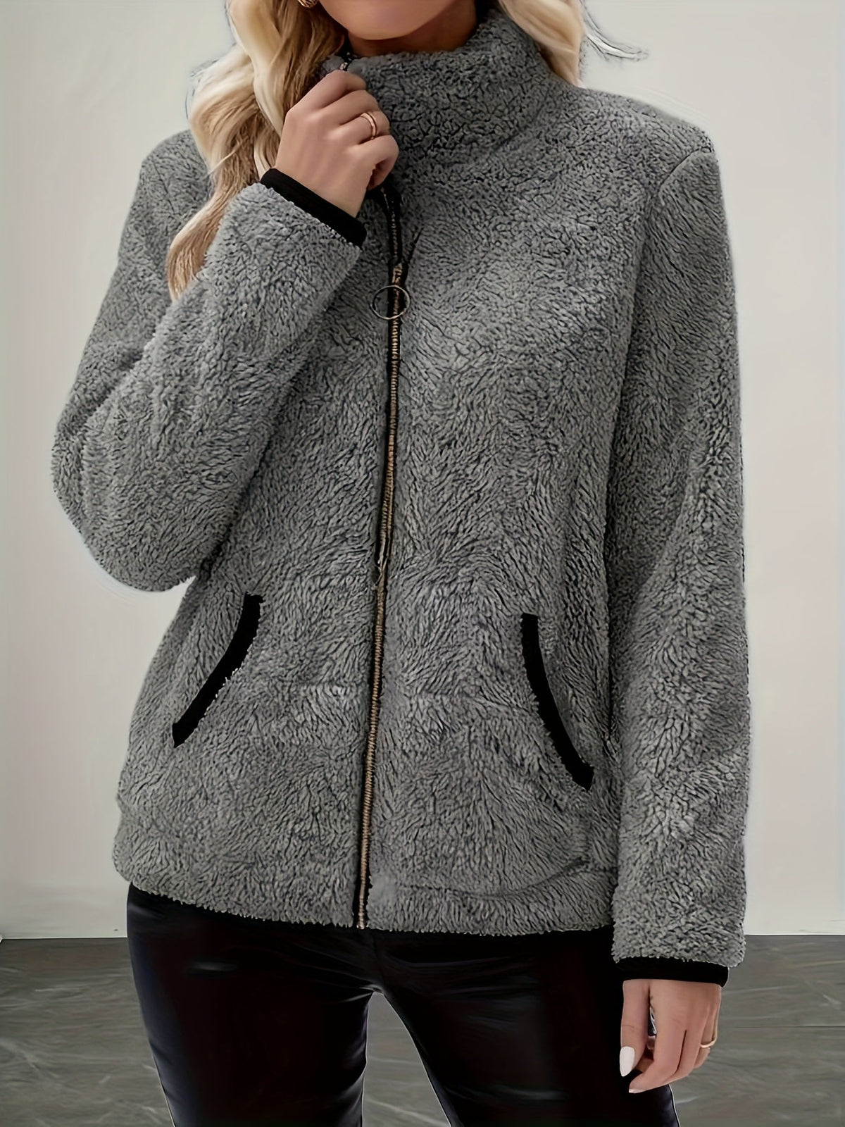 Plush Jacket with Stand Collar and Contrast Trim for Womens