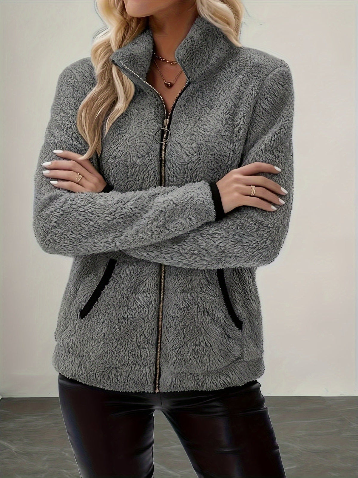 Plush Jacket with Stand Collar and Contrast Trim for Womens