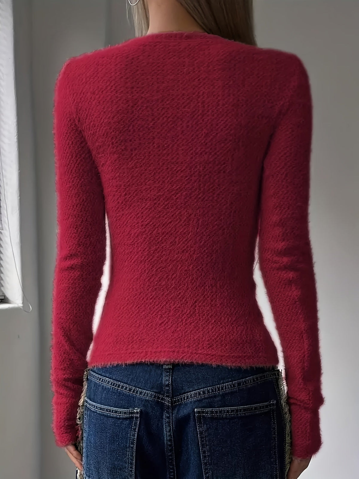 Plush Long Sleeve Top with Round Neckline for women