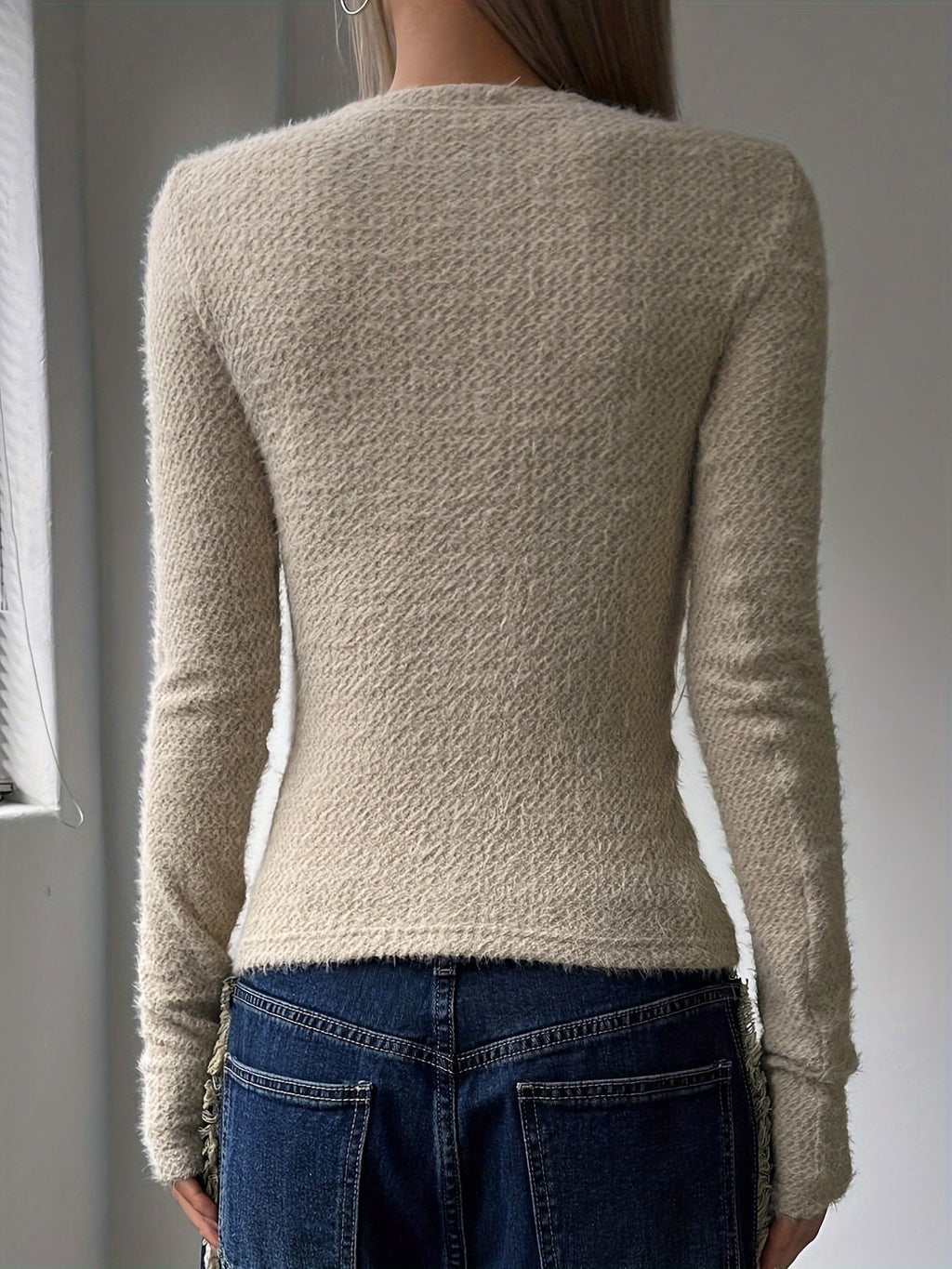 Plush Long Sleeve Top with Round Neckline for women
