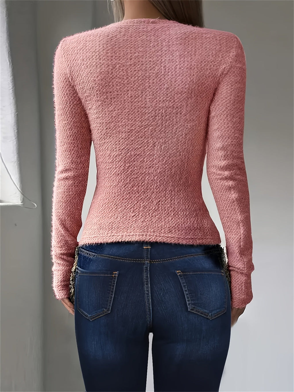 Plush Long Sleeve Top with Round Neckline for women