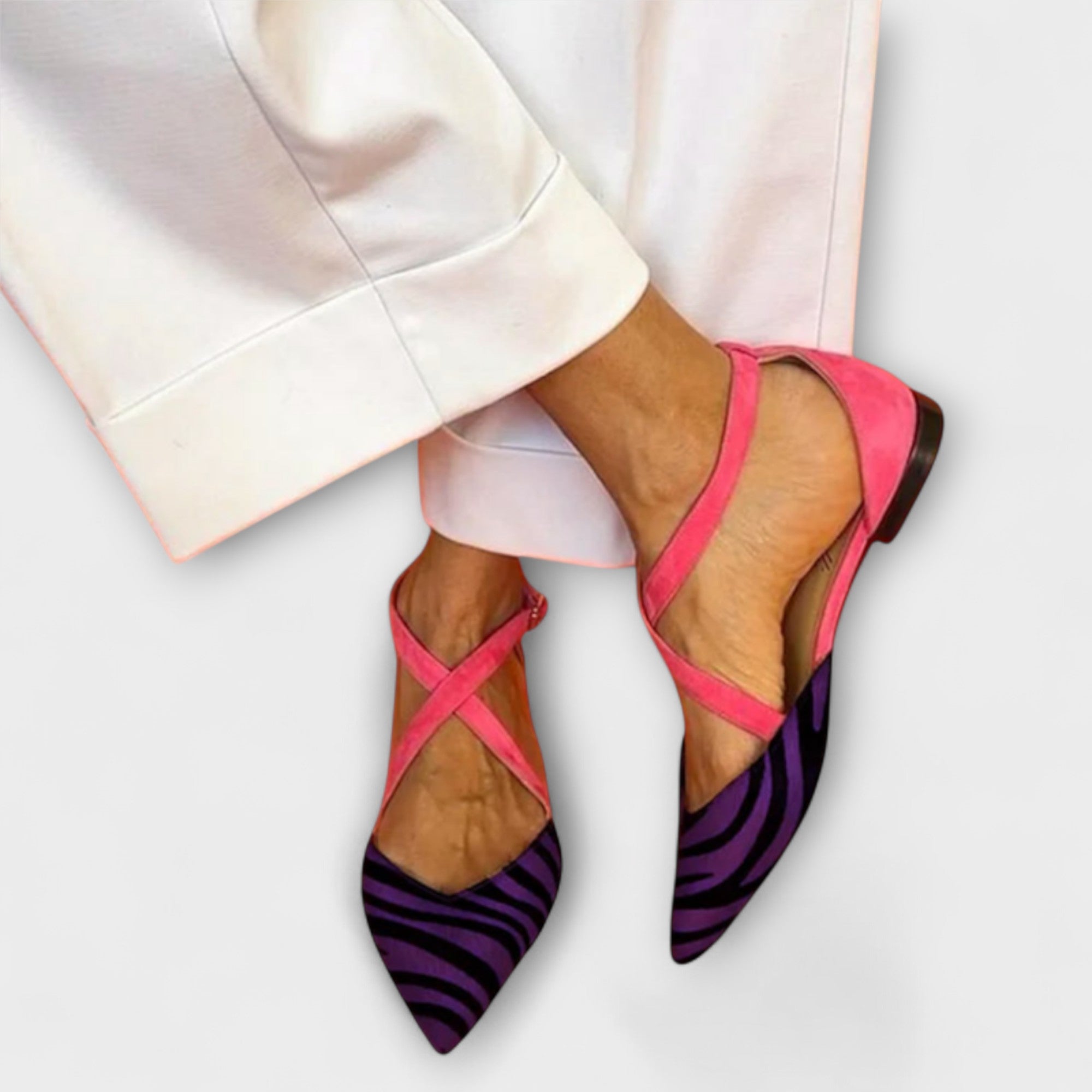 Pointed Animal Print Toe Slingback Flats with Crisscross Straps for Women