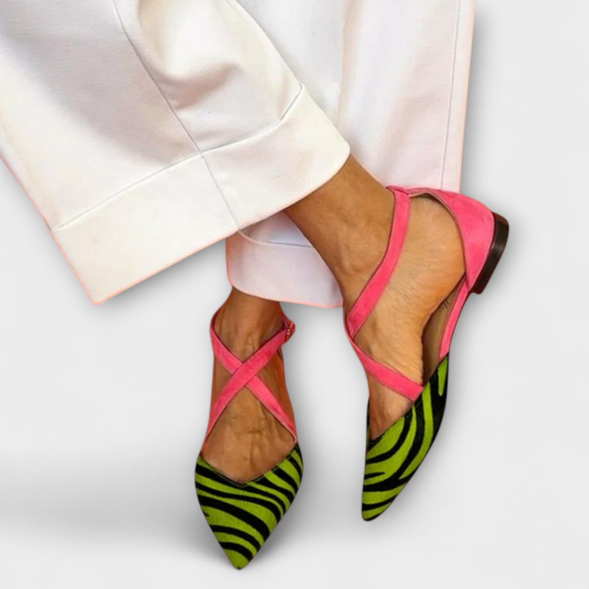 Pointed Animal Print Toe Slingback Flats with Crisscross Straps for Women