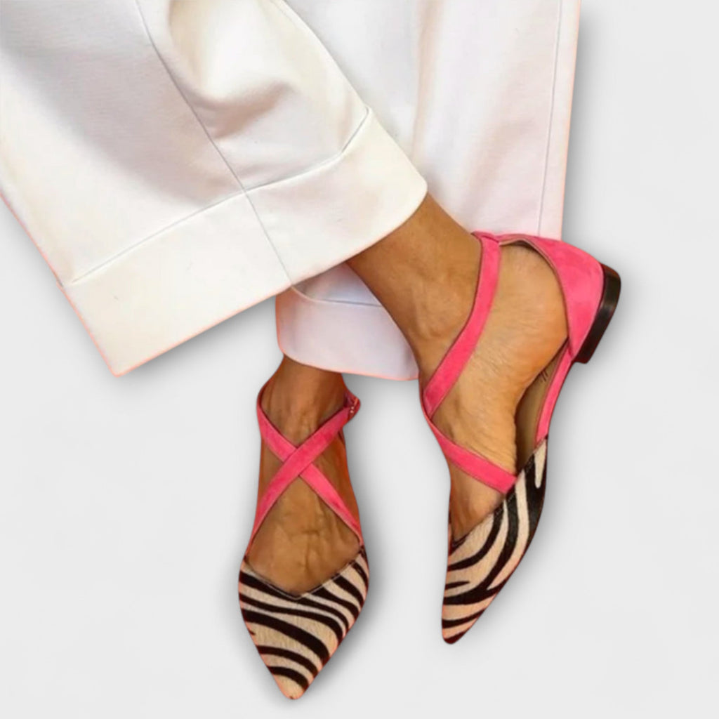 Pointed Animal Print Toe Slingback Flats with Crisscross Straps for Women