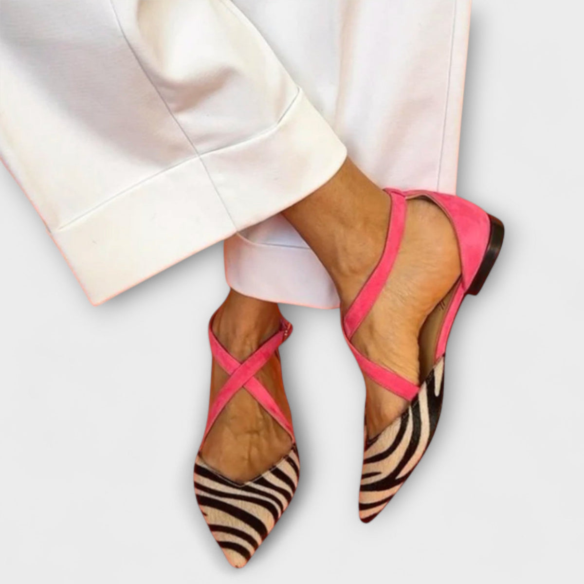Pointed Animal Print Toe Slingback Flats with Crisscross Straps for Women